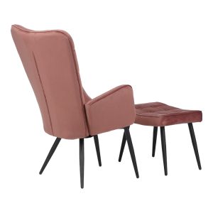 Dorita armchair with stool, pink plush fabric, black metal legs, 68.5x76x103cm