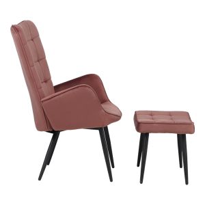 Dorita armchair with stool, pink plush fabric, black metal legs, 68.5x76x103cm