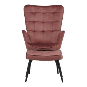 Dorita armchair with stool, pink plush fabric, black metal legs, 68.5x76x103cm