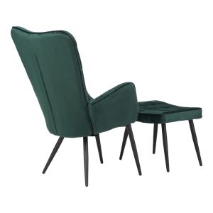 Dorita armchair with stool, dark green plush fabric, black metal legs, 68.5x76x103cm