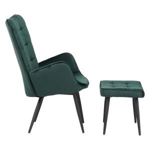 Dorita armchair with stool, dark green plush fabric, black metal legs, 68.5x76x103cm