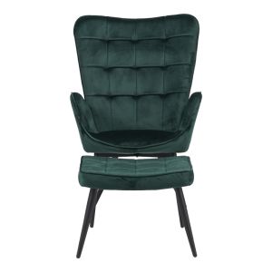 Dorita armchair with stool, dark green plush fabric, black metal legs, 68.5x76x103cm