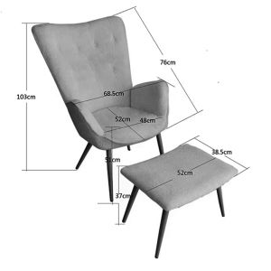 Dorita armchair with stool, dark green plush fabric, black metal legs, 68.5x76x103cm