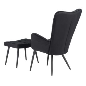 Dorita armchair with stool, black plush fabric, black metal legs, 68.5x76x103cm