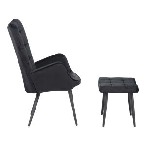 Dorita armchair with stool, black plush fabric, black metal legs, 68.5x76x103cm