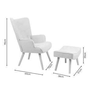Armchair with footstool Vivienne fabric plush gray with wooden legs 75x69x96cm
