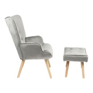 Armchair with footstool Vivienne fabric plush gray with wooden legs 75x69x96cm
