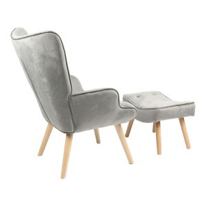 Armchair with footstool Vivienne fabric plush gray with wooden legs 75x69x96cm