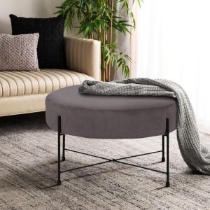 Round stool 102 in gray suede with metal legs, 60x60x40cm