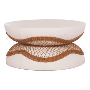 Round coffee table Anna Santorini Hm18157.02 fiber cement in white color - natural rattan -- Φ92x44.5h cm.