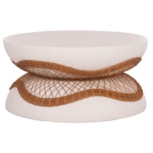 Round coffee table Anna Santorini Hm18157.02 fiber cement in white color - natural rattan -- Φ92x44.5h cm.