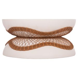 Round coffee table Anna Santorini Hm18157.02 fiber cement in white color - natural rattan -- Φ92x44.5h cm.