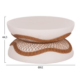 Round coffee table Anna Santorini Hm18157.02 fiber cement in white color - natural rattan -- Φ92x44.5h cm.