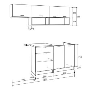 Kitchen modular set Rodney, grey melamine base with white top 200x46-29.2cm
