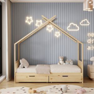 Легло с матрак Klarice Hm21305 борова дървесина в естествен дървесен цвят -- матрак 90x190см
