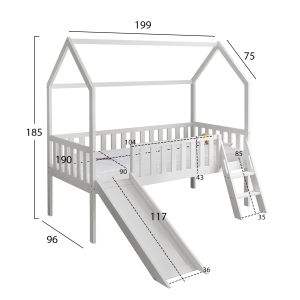 Легло с пързалка Phyllis Hm21310.01 борова дървесина в бяло - с матрак 90x190см