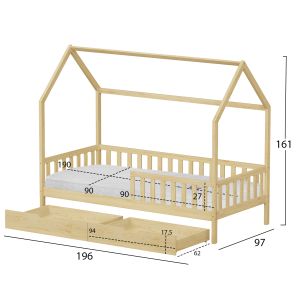 Легло с чекмеджета Phyllis Hm21324 борова дървесина в естествен дървесен цвят - с матрак 90x190см