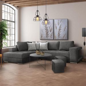 Left corner sofa New Karina gray color with gray decorative pillows and stool 278x218x85cm