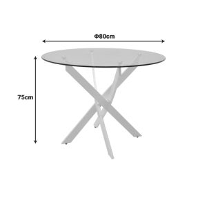 Antoro table with glass and metal legs in white, dimensions 80x75 cm