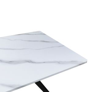 Ezali table made of MDF, white marble look, with black metal legs, 140x80x75 cm