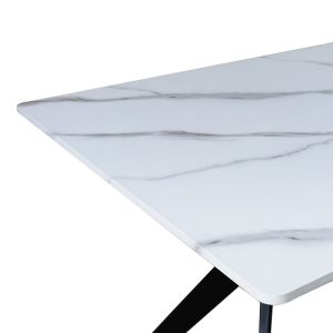 Ezali table made of MDF, white marble look, with black metal legs, 140x80x75 cm