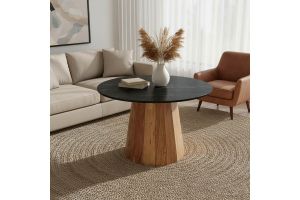 Ezerdian Bold table, solid tropical acacia wood, black marble top D120x78 cm