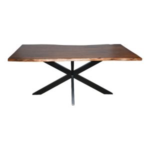 Lenoua table made of solid acacia wood, 3.7-4 cm thick, walnut color, with black metal legs, 180x90x76 cm