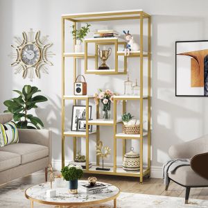 Метален рафт за книги Aduti в златисто-бял нюанс 90x34x182см