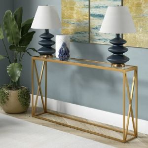 Metal console with glass surface Kantoo in golden shade 120x25x75cm