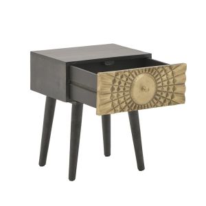 Нощно шкафче Golden Eye мангово дърво масив златен метален обков 45х35х55cm