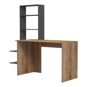 Bivoro office desk with shelf in oak-gray shade 146x55x129cm