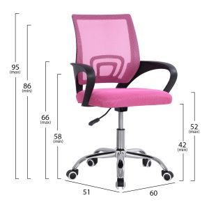Office chair Bristone pink mesh fabric-chrome base-black armrests 60x51x95hcm HM1058