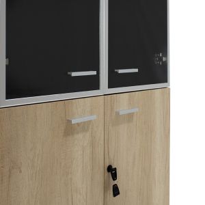 Office cabinet Lotus with 2 glass doors and 2 wooden doors, oak/dark gray color, 80x40x200cm