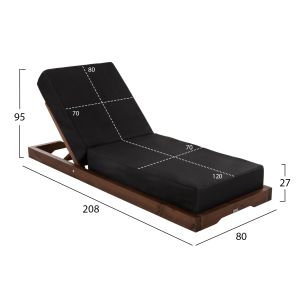 Ikaria beach lounger, solid pine wood, walnut color, mocha color textile, 20cm, cushion thickness 20cm, Hm10622.01