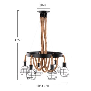 Chandelier Hm4130 with 6 bulbs black metal with ropes D54-60x125hcm