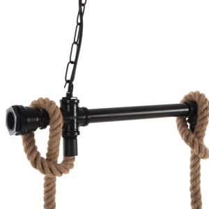 Chandelier for 3 bulbs black metal and natural hemp rope 80x14.5x137hcm