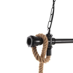Chandelier for 3 bulbs black metal and natural hemp rope 80x14.5x137hcm