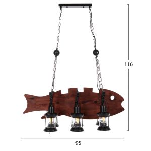Chandelier for 6 bulbs wooden fish and black metal 95x35x116hcm