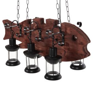 Chandelier for 6 bulbs wooden fish and black metal 95x35x116hcm