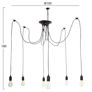 Chandelier for 6 bulbs black metal and cable D100x180hcm