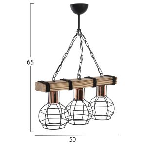 Chandelier with 3 lamps with wood and metal grilles 50x16x65hcm Hm7682,01