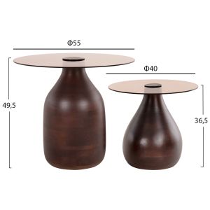 Side tables 2pcs Chang Hm9668 solid mango wood and glass top D55x49.5h / D40x36.5hcm