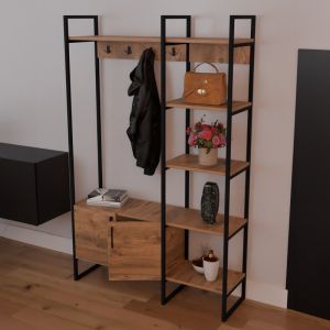 Thoj coat rack made of melamine and metal, oak/black color 120x34x180cm