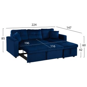 Corner sofa bed Wayne 224x147x85 Hm3028.18 with blue plush fabric