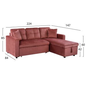 Wayne corner sofa bed with plush rose ash fabric 224x147x85cm Hm3028.12