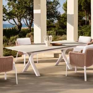 Extendable aluminum dining table Andromeda (s) Sm6183 frame and top made of sintered stone in ivory color 180-240x100x76.5h