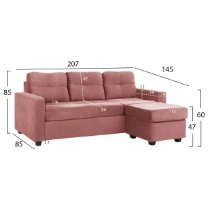 Reversible corner sofa with plush fabric rose ash 207x145x85ycm Hm3004,12