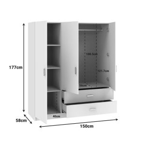 Роял трикрилен гардероб бял 150x58x177см