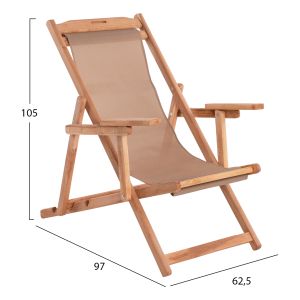 Folding beach chair-chaise longue Limnos solid beech-textile, with armrests, color Naturalhm11877