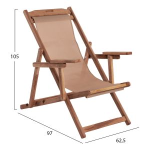 Folding beach chair-chaise longue Limnos beech solid-textile. with armrests. walnut color Hm11878
